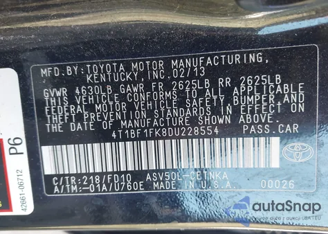 2013 Toyota Camry Le из США, поврежденный, VIN 4T1BF1FK8DU228554